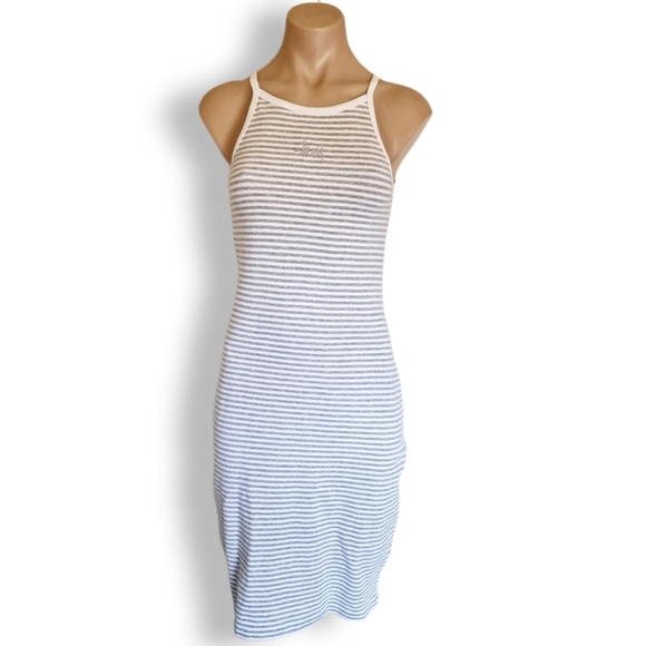 Stussy Dresses & Skirts - Stussy, grey + white horizontal stripe, high neck, knee-length shirt dress AU 10